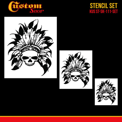 Airbrush Skeleton Skull Indian Chief Stencil Set (Skull Design #11 in 3 Scale Sizes) - Laser Cut Reusable Templates