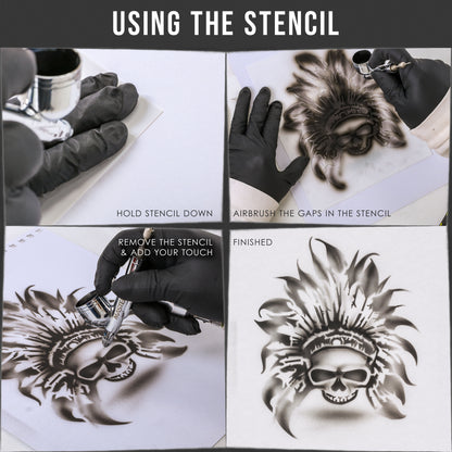 Airbrush Skeleton Skull Indian Chief Stencil Set (Skull Design #11 in 3 Scale Sizes) - Laser Cut Reusable Templates