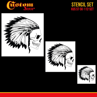Airbrush Skeleton Skull Indian Chief Stencil Set (Skull Design #12 in 3 Scale Sizes) - Laser Cut Reusable Templates