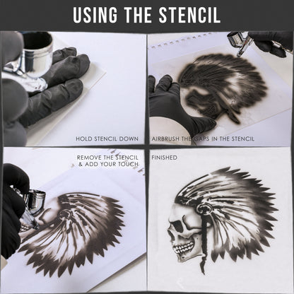 Airbrush Skeleton Skull Indian Chief Stencil Set (Skull Design #12 in 3 Scale Sizes) - Laser Cut Reusable Templates