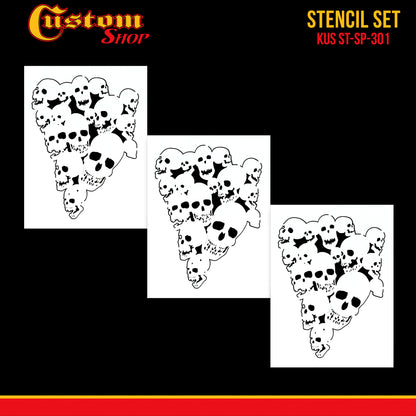 Airbrush Pile of Skulls Stencil Set (3 Pack of Same Skull Design) - Laser Cut Reusable Templates