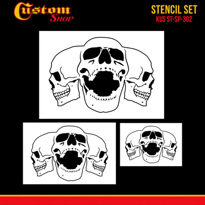 Airbrush Triple Skull Pile Stencil Set (Skull Design in 3 Scale Sizes) - Laser Cut Reusable Templates