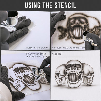 Airbrush Triple Skull Pile Stencil Set (Skull Design in 3 Scale Sizes) - Laser Cut Reusable Templates