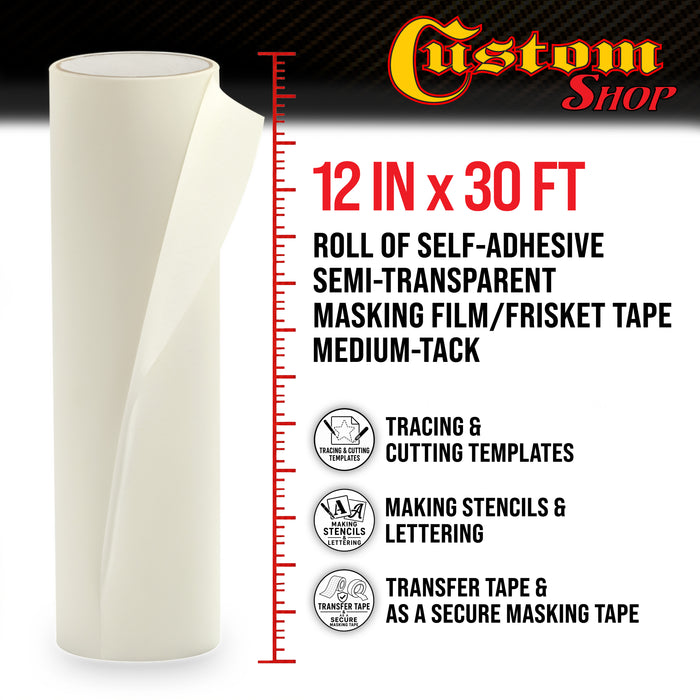 Custom Shop 12" x 30' Roll of Semi-Transparent Masking Film/Frisket for Artists, Airbrush Graphics, Auto, Tracing, Cutting Templates, Stencil Making
