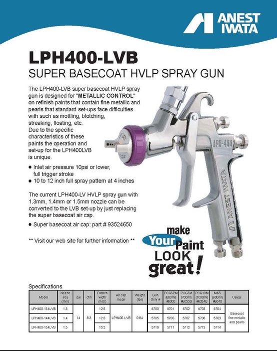 Iwata 5702 LPH400-LVB Basecoat HVLP Spray Gun 1.3-700ml Paint Including Regulator