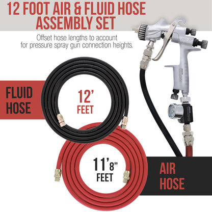 12 Foot Air and Fluid Hose Assembly Set with Fittings for Spray Guns, Paint Pressure Pot Tanks, Professional Heavy Duty - Air 3/8" NPS, 5/16" ID &