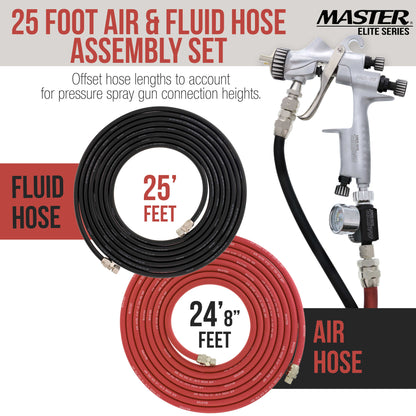 25 Foot Air and Fluid Hose Assembly Set with Fittings for Spray Guns, Paint Pressure Pot Tanks, Professional Heavy Duty - Air 3/8" NPS, 5/16" ID &