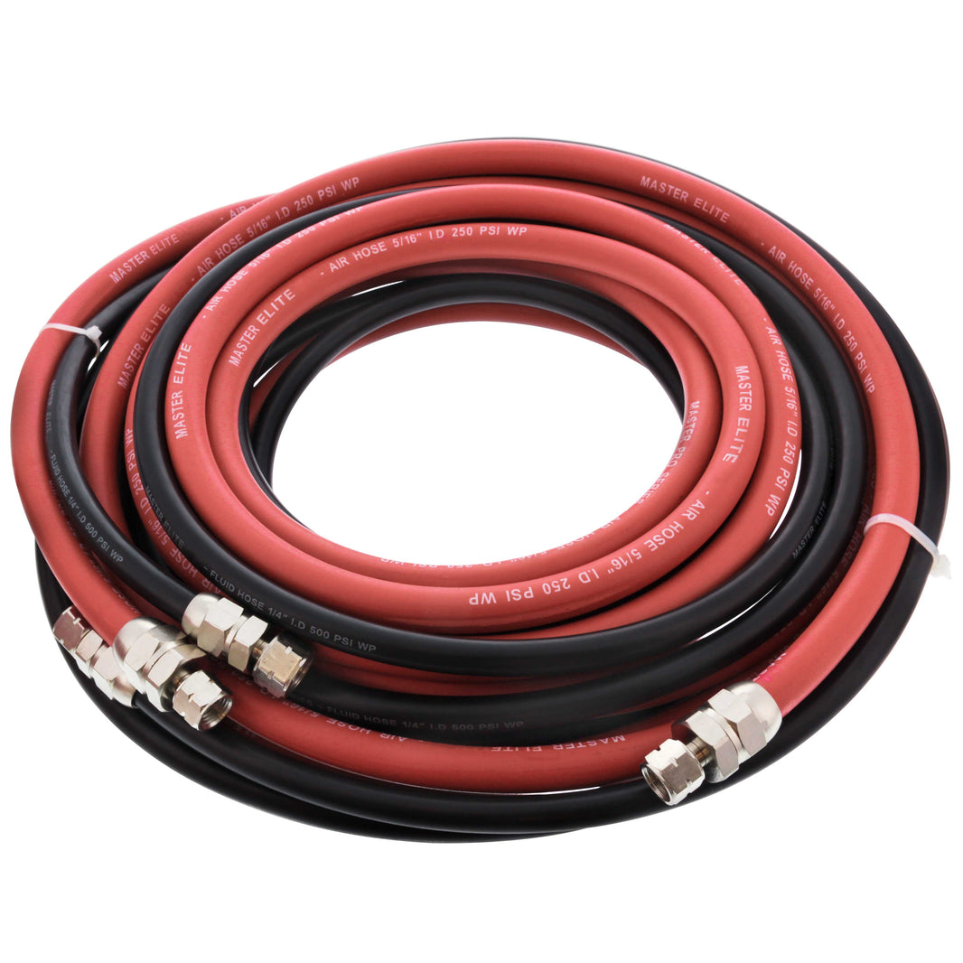 25 Foot Air and Fluid Hose Assembly Set with Fittings for Spray Guns, Paint Pressure Pot Tanks, Professional Heavy Duty - Air 3/8" NPS, 5/16" ID &