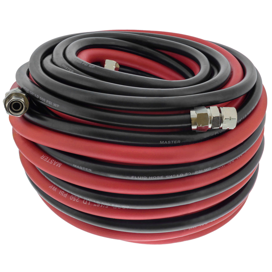 50 Foot Air and Fluid Hose Assembly Set with Fittings for Spray Guns, Paint Pressure Pot Tanks, Professional Heavy Duty - Air 3/8" NPS, 5/16" ID &