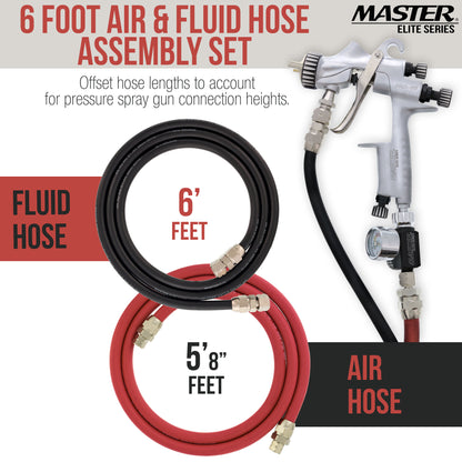 6 Foot Air and Fluid Hose Assembly Set with Fittings for Spray Guns, Paint Pressure Pot Tanks, Professional Heavy Duty - Air 3/8" NPS, 5/16" ID &