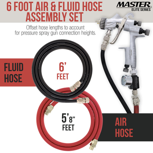 Master Elite Series 6 Foot Air and Fluid Hose Assembly Set with 3/8" NPS Air and 1/4" NPS Fluid Fittings for Spray Guns, Paint Pressure Pot Tanks, HD