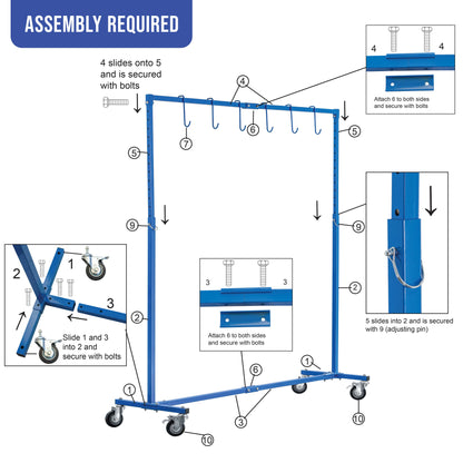 7-Foot Adjustable Height Paint Hanger Drying Rack - Mobile Auto Body Shop Painting Stand with 6 Hanging Hooks, Swivel Locking Wheels