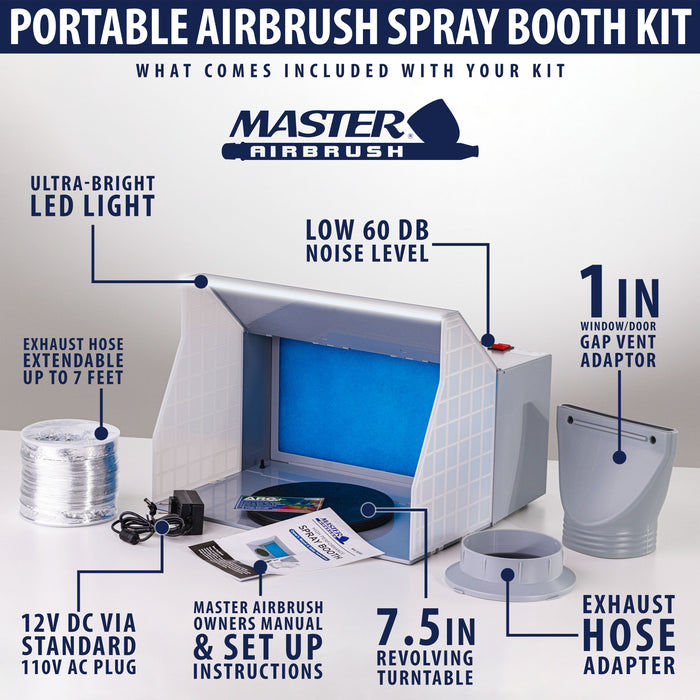 Master Airbrush Portable Airbrush Spray Booth Kit with Exhaust Fan, LED Light, Turntable & Extension Hose