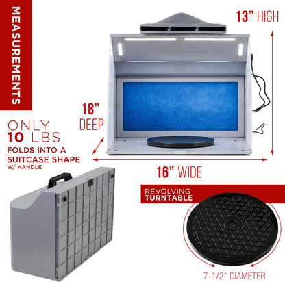 Portable Airbrush Spray Booth Kit with Dual Exhaust Fans, 4 LED Lights, Turntable & Extension Hose, 16"x13"x18" Hobby Airbrush Booth