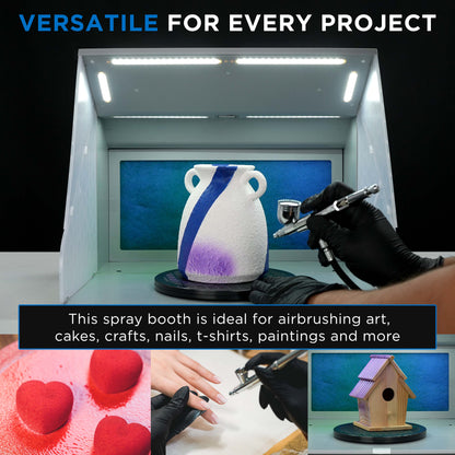 Portable Airbrush Spray Booth Kit with Dual Exhaust Fans, 4 LED Lights, Turntable & Extension Hose, 16"x13"x18" Hobby Airbrush Booth