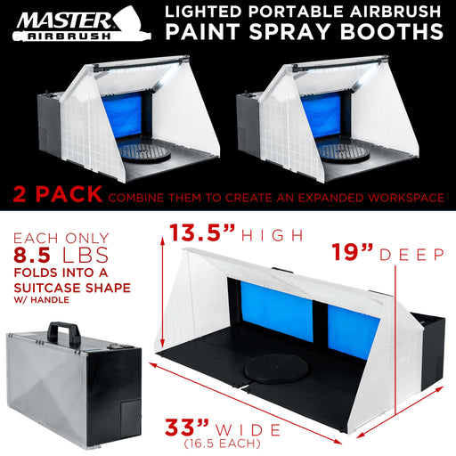 Master Airbrush (2 Pack) Portable Airbrush Spray Booth Station with LED Lighting, 25W Fan, Turntable & 5.6' Extension Hose, 16.5"x19"x13.5", Combine for Larger Workspace, Hobby Airbrush Booth
