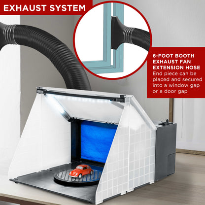 Portable Airbrush Spray Booth Station with LED Lights, 25W Fan, Turntable & 5.6' Extension Hose, 16.5"x19"x13.5" Hobby Airbrush Booth