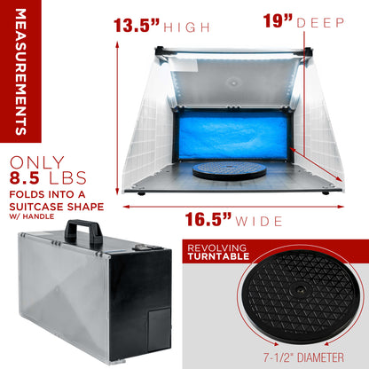 Portable Airbrush Spray Booth Station with LED Lights, 25W Fan, Turntable & 5.6' Extension Hose, 16.5"x19"x13.5" Hobby Airbrush Booth