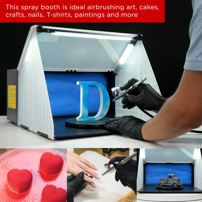 Portable Airbrush Spray Booth Station with LED Lights, 25W Fan, Turntable & 5.6' Extension Hose, 16.5"x19"x13.5" Hobby Airbrush Booth