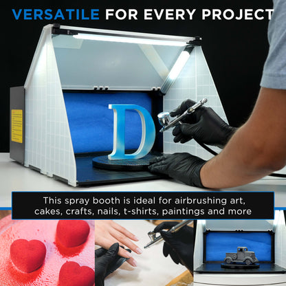 Portable Airbrush Spray Booth Station with LED Lights, 25W Fan, Turntable & 5.6' Extension Hose, 16.5"x19"x13.5" Hobby Airbrush Booth