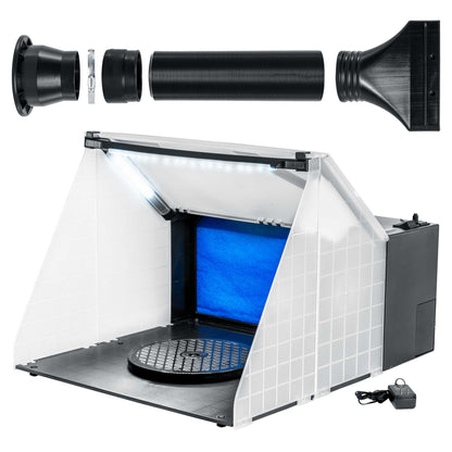 Portable Airbrush Spray Booth Station with LED Lights, 25W Fan, Turntable & 5.6' Extension Hose, 16.5"x19"x13.5" Hobby Airbrush Booth