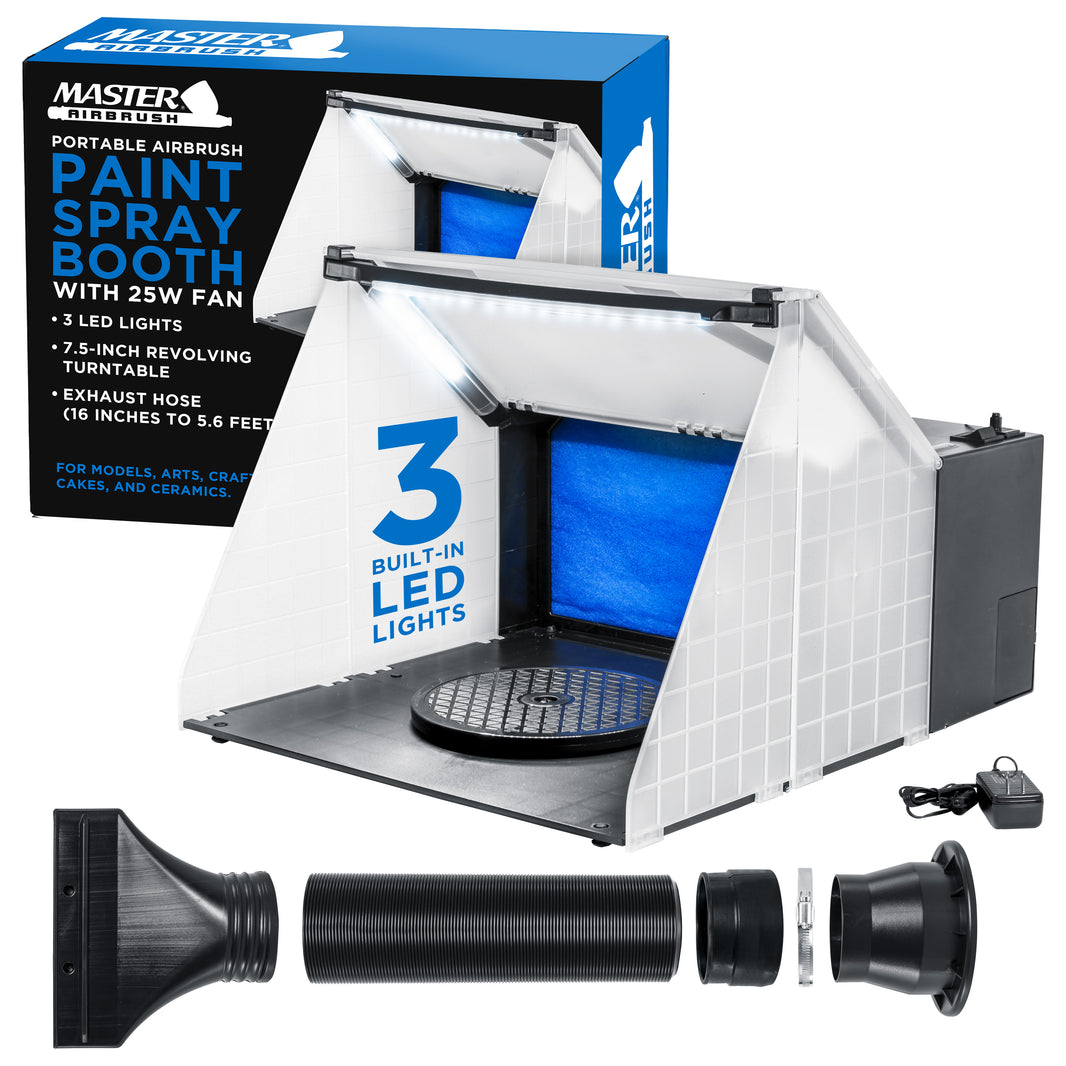 Portable Airbrush Spray Booth Station with LED Lights, 25W Fan, Turntable & 5.6' Extension Hose, 16.5"x19"x13.5" Hobby Airbrush Booth