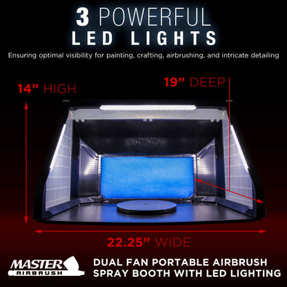 Large Portable Airbrush Spray Booth Station with LED Lights, 25W Fan, Turntable & 6' Exhaust Hose, 22.25"x19"x14" Hobby Airbrush