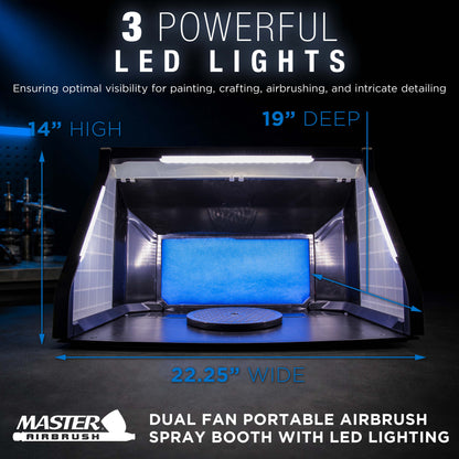 Large Portable Airbrush Spray Booth Station with LED Lights, 25W Fan, Turntable & 6' Exhaust Hose, 22.25"x19"x14" Hobby Airbrush