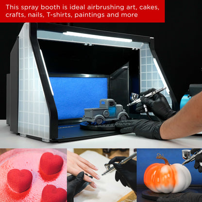 Large Portable Airbrush Spray Booth Station with LED Lights, 25W Fan, Turntable & 6' Exhaust Hose, 22.25"x19"x14" Hobby Airbrush