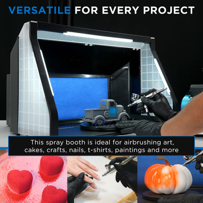 Large Portable Airbrush Spray Booth Station with LED Lights, 25W Fan, Turntable & 6' Exhaust Hose, 22.25"x19"x14" Hobby Airbrush