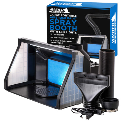Large Portable Airbrush Spray Booth Station with LED Lights, 25W Fan, Turntable & 6' Exhaust Hose, 22.25"x19"x14" Hobby Airbrush