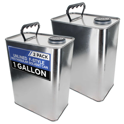 1 Gallon Empty F-Style Metal Rectangular Solvent Can with Caps, Pack of 2 - Pull-Up Spout, 128 fl. oz. Steel Paint Storage Container Tin - Unlined