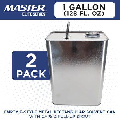 1 Gallon Empty F-Style Metal Rectangular Solvent Can with Caps, Pack of 2 - Pull-Up Spout, 128 fl. oz. Steel Paint Storage Container Tin - Unlined