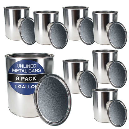 1 Gallon Unlined Empty Metal Paint Can Bucket with Lids, Pack of 8 - Triple Tight Lid Seal, 128 fl. oz. Steel Coating Storage Container Tin
