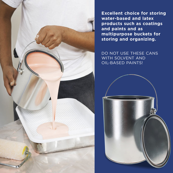 1 Gallon Lined Empty Metal Paint Can Bucket with Lids, Bail Handles, Pack of 2 - Triple Tight Seal, 128 fl. oz. Steel Coating Storage Container Tin - Store Leftover Water-Based Paint Auto