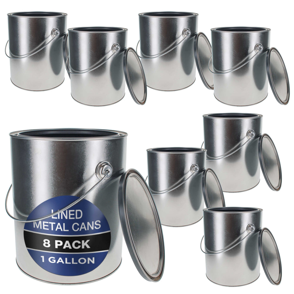 1 Gallon Lined Empty Metal Paint Can Bucket with Lids, Bail Handles, Pack of 8 - Triple Tight Seal, 128 fl. oz. Steel Coating Storage Container Tin - Store Leftover Water-Based Paint Auto