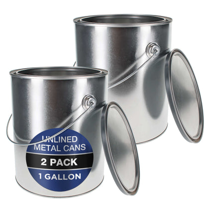 1 Gallon Unlined Empty Metal Paint Can Bucket with Lids, Bail Handles, Pack of 2 - Triple Tight Seal, 128 fl. oz. Steel Coating Storage Container Tin
