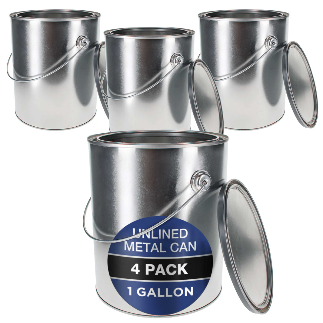 1 Gallon Unlined Empty Metal Paint Can Bucket with Lids, Bail Handles, Pack of 4 - Triple Tight Seal, 128 fl. oz. Steel Coating Storage Container Tin