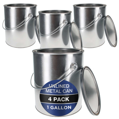 1 Gallon Unlined Empty Metal Paint Can Bucket with Lids, Bail Handles, Pack of 4 - Triple Tight Seal, 128 fl. oz. Steel Coating Storage Container Tin