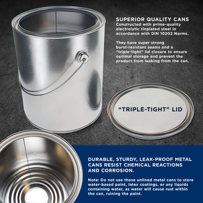 1 Gallon Unlined Empty Metal Paint Can Bucket with Lids, Bail Handles, Pack of 4 - Triple Tight Seal, 128 fl. oz. Steel Coating Storage Container Tin