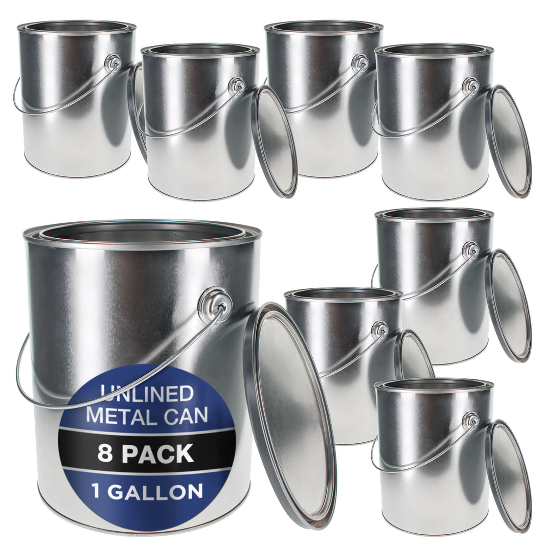 1 Gallon Unlined Empty Metal Paint Can Bucket with Lids, Bail Handles, Pack of 8 - Triple Tight Seal, 128 fl. oz. Steel Coating Storage Container Tin