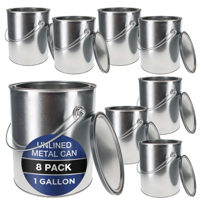1 Gallon Unlined Empty Metal Paint Can Bucket with Lids, Bail Handles, Pack of 8 - Triple Tight Seal, 128 fl. oz. Steel Coating Storage Container Tin