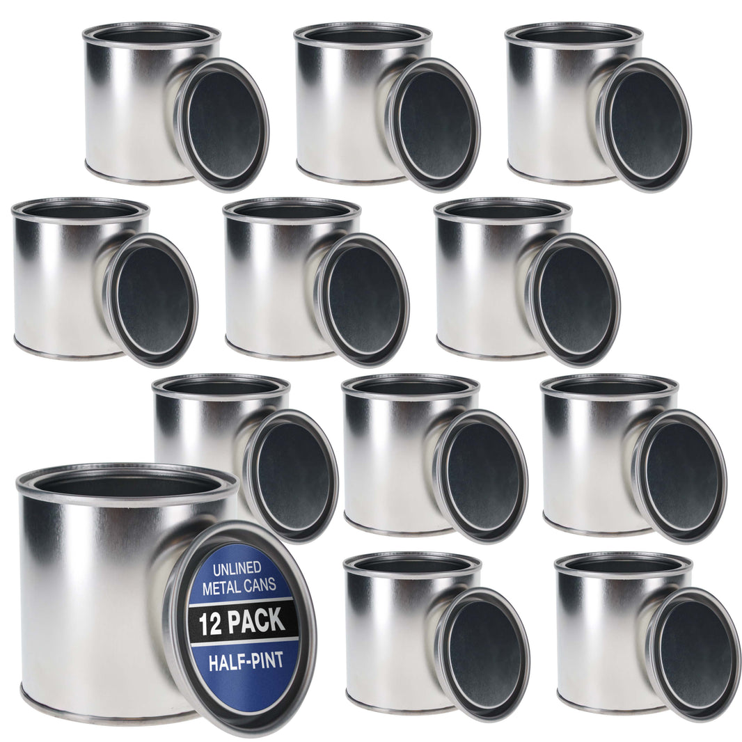 1/2 Pint Unlined Empty Metal Paint Can Bucket with Lids, Pack of 12 - Triple Tight Lid Seal, 8 fl. oz. Steel Coating Storage Container Tin