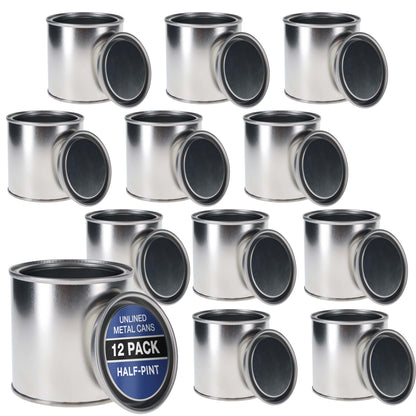 1/2 Pint Unlined Empty Metal Paint Can Bucket with Lids, Pack of 12 - Triple Tight Lid Seal, 8 fl. oz. Steel Coating Storage Container Tin