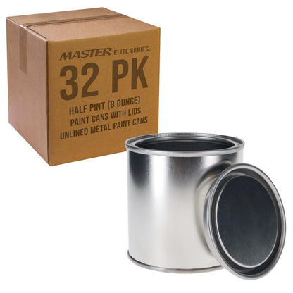 1/2 Pint Unlined Empty Metal Paint Can Bucket with Lids, Pack of 32 - Triple Tight Lid Seal, 8 fl. oz. Steel Coating Storage Container Tin