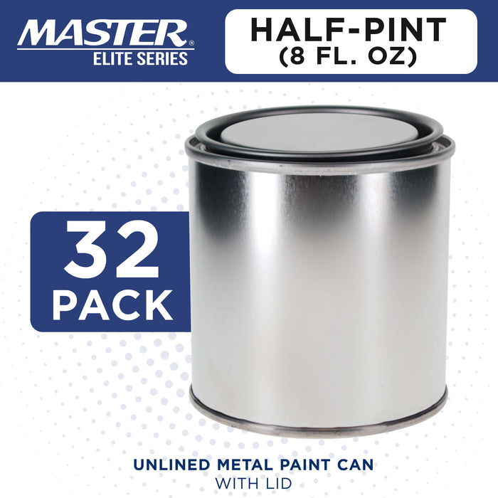 1/2 Pint Unlined Empty Metal Paint Can Bucket with Lids, Pack of 32 - Triple Tight Lid Seal, 8 fl. oz. Steel Coating Storage Container Tin - Store Oil-Based Paint, Art, DIY Crafts