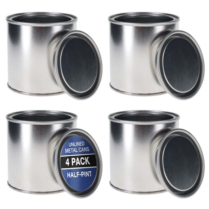 1/2 Pint Unlined Empty Metal Paint Can Bucket with Lids, Pack of 4 - Triple Tight Lid Seal, 8 fl. oz. Steel Coating Storage Container Tin