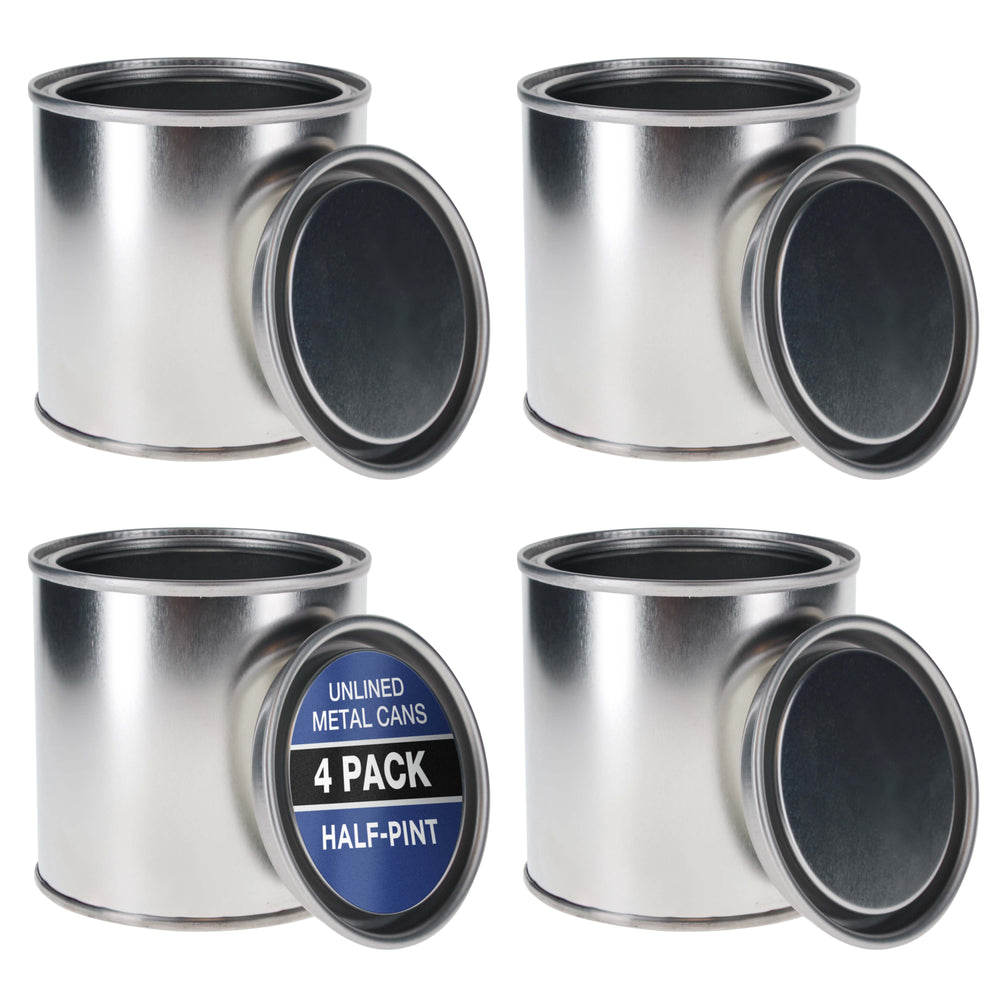 1/2 Pint Unlined Empty Metal Paint Can Bucket with Lids, Pack of 4 - Triple Tight Lid Seal, 8 fl. oz. Steel Coating Storage Container Tin - Store Oil-Based Paint, Art, DIY Crafts