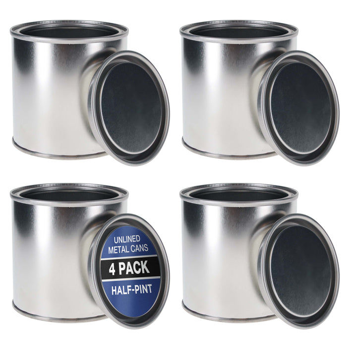 1/2 Pint Unlined Empty Metal Paint Can Bucket with Lids, Pack of 4 - Triple Tight Lid Seal, 8 fl. oz. Steel Coating Storage Container Tin - Store Oil-Based Paint, Art, DIY Crafts
