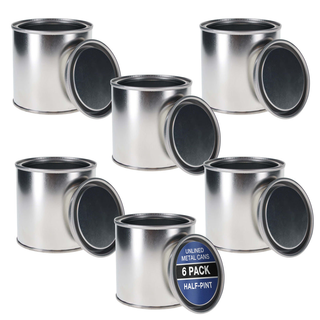 1/2 Pint Unlined Empty Metal Paint Can Bucket with Lids, Pack of 6 - Triple Tight Lid Seal, 8 fl. oz. Steel Coating Storage Container Tin